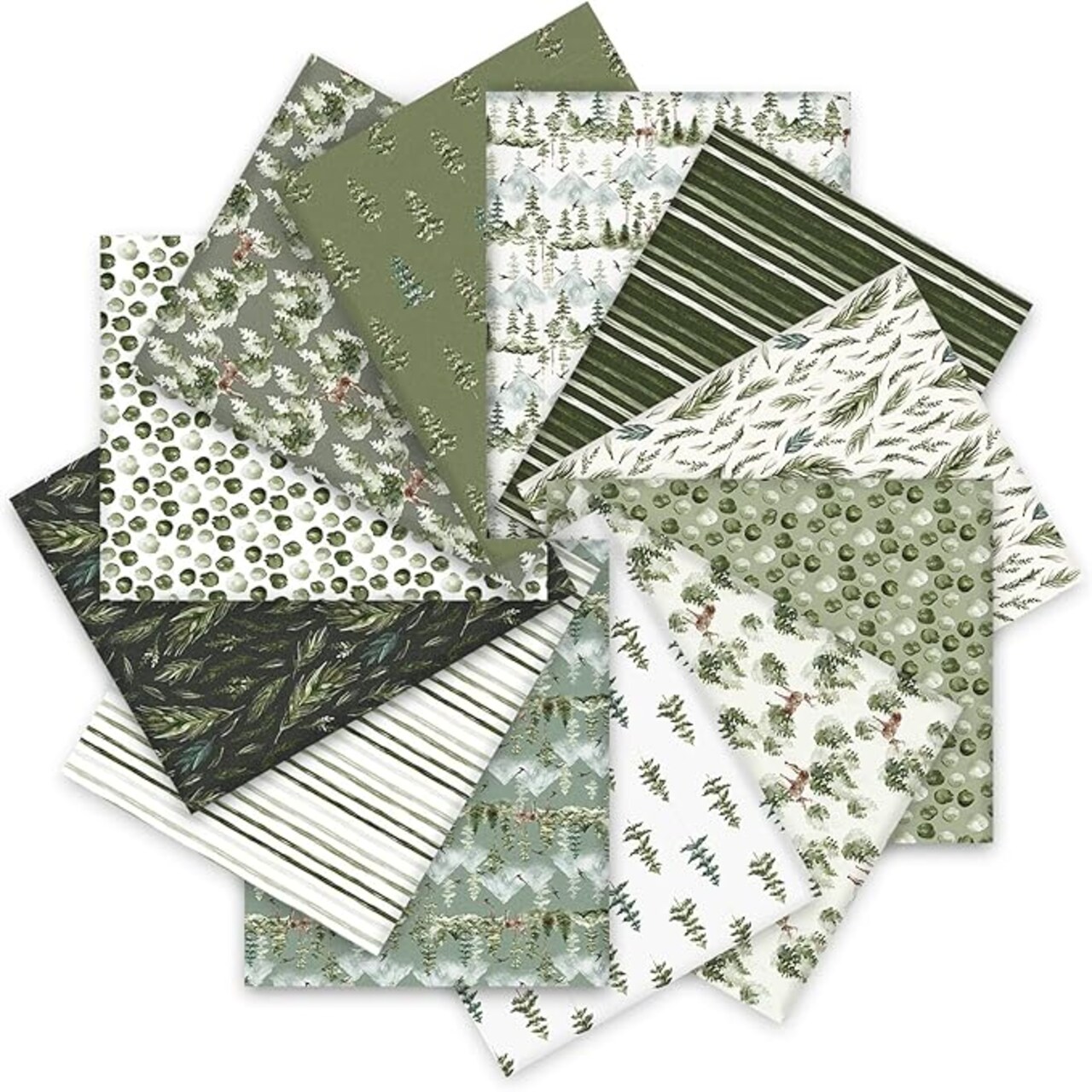 12Pcs 18" x 22" Christmas Fat Quarter Fabric Bundles Watercolor Green Christmas Tree Printed Quilting Patchwork Cotton Craft Fabric Pre-Cut Square Sheets for DIY Patchwork Sewing Crafting
